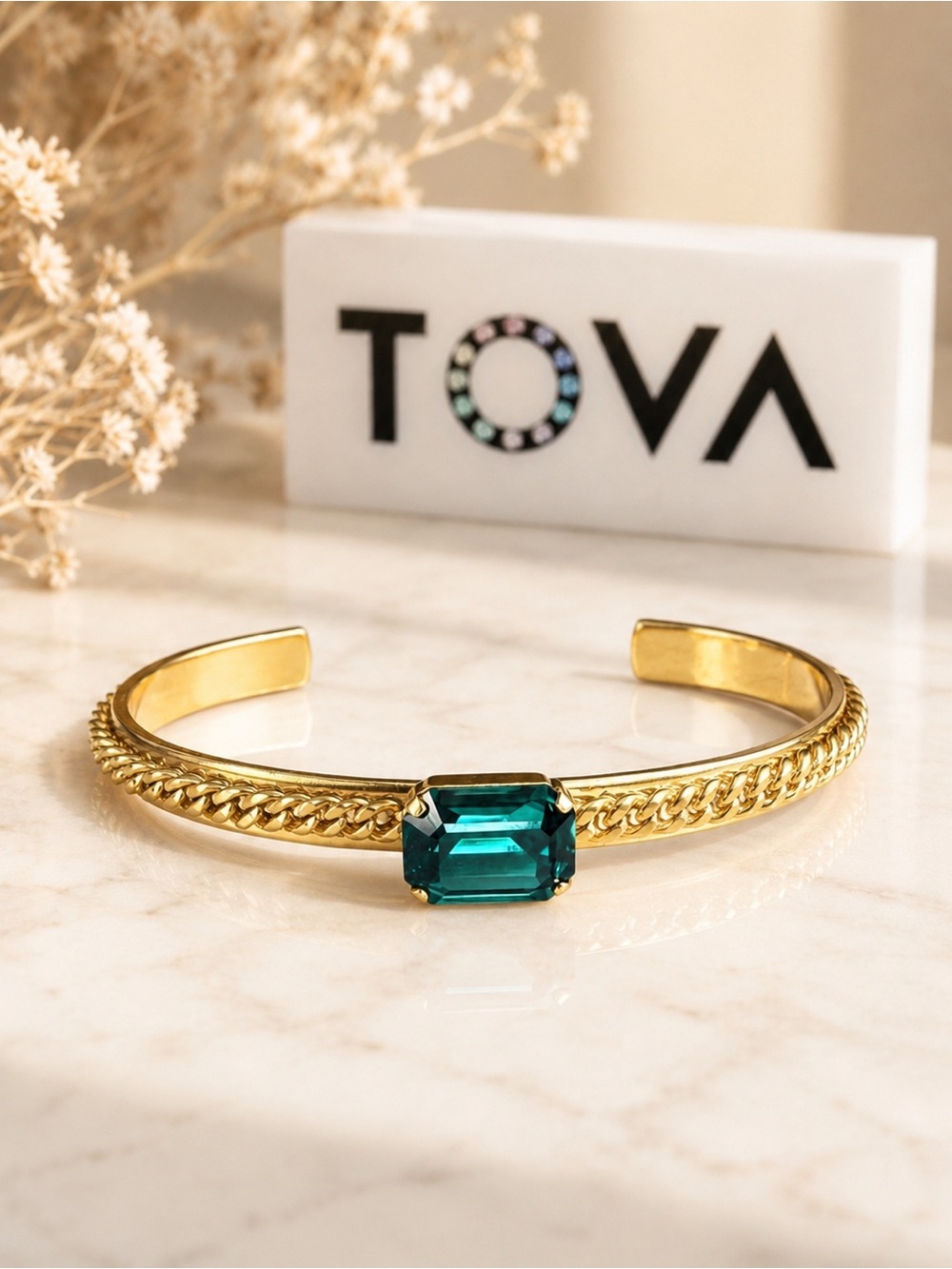 TOVA Gold Cuff Bracelet with Emerald Green Stone